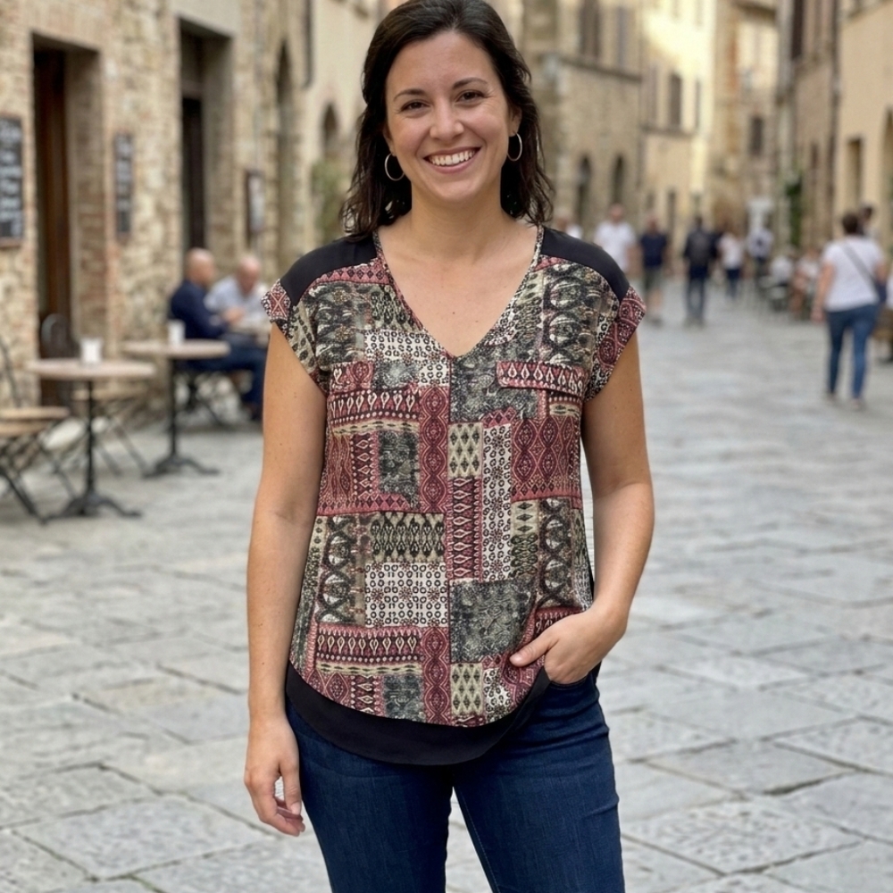 Positive Concept Patchwork Print V-Neck Top | Mixed Media Boho Blouse
